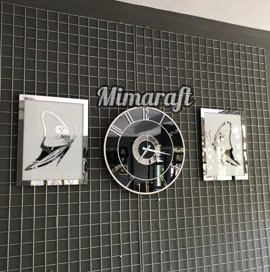 Aynalı Model 2 Li Kelebek Tablo ve Saat Seti